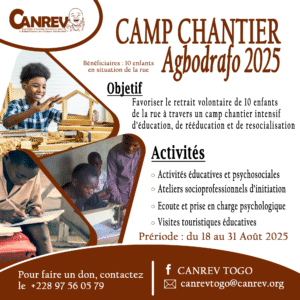 Lire la suite à propos de l’article Organisation d’un Camp Chantier d’éducation et de resocialisation en faveur des enfants en situation de rue